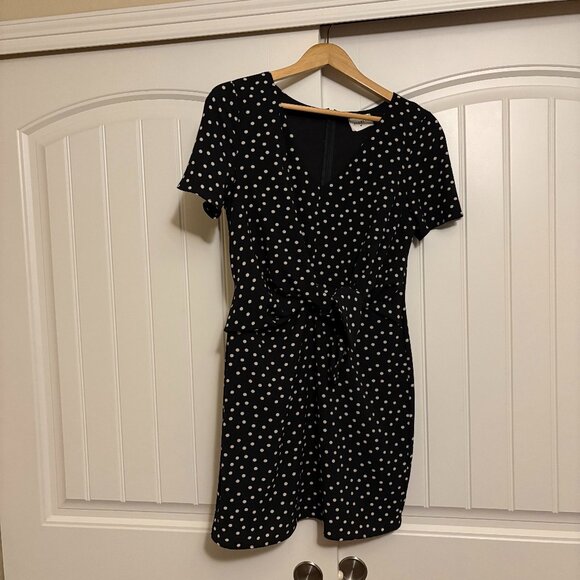 Everly Polka Dot Dress Small Black Tan Lined Zipper Polyester Blend Retro Style - Picture 1 of 3